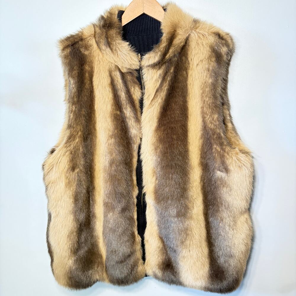 Faux Fur Tan Brown Full Zip Vest Reversible Black Knit Sweater Heavyweight 2X